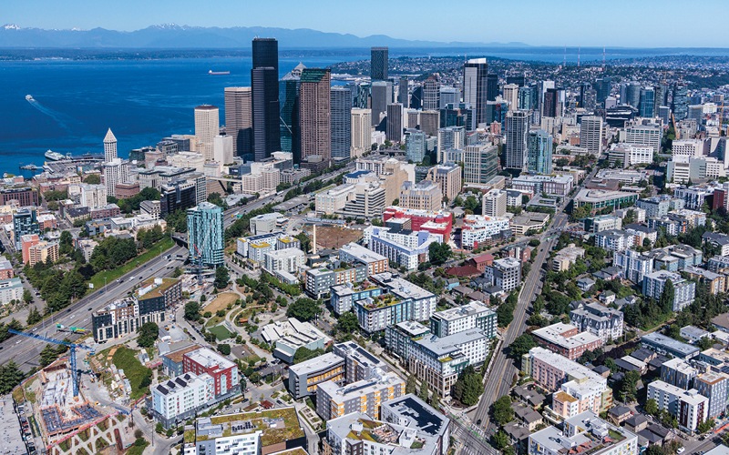 At Home in the Center of it All aerial view of Yesler & downtown Seattle